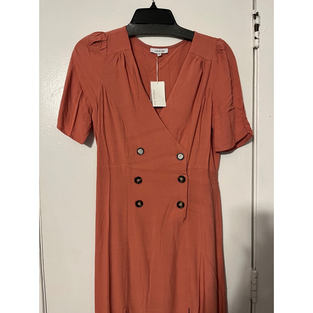 Avenue Zoe Terracotta Rust Double Breasted Midi Dress V-Neck Short Sleeve S NEW